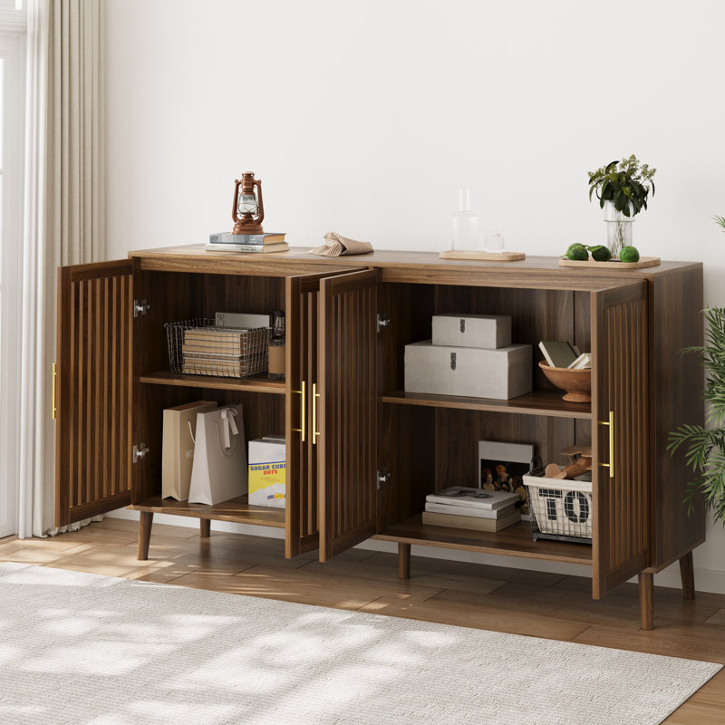 Sideboard Buffet Cabinet with Grille-Striped Doors and Adjustable Shelves