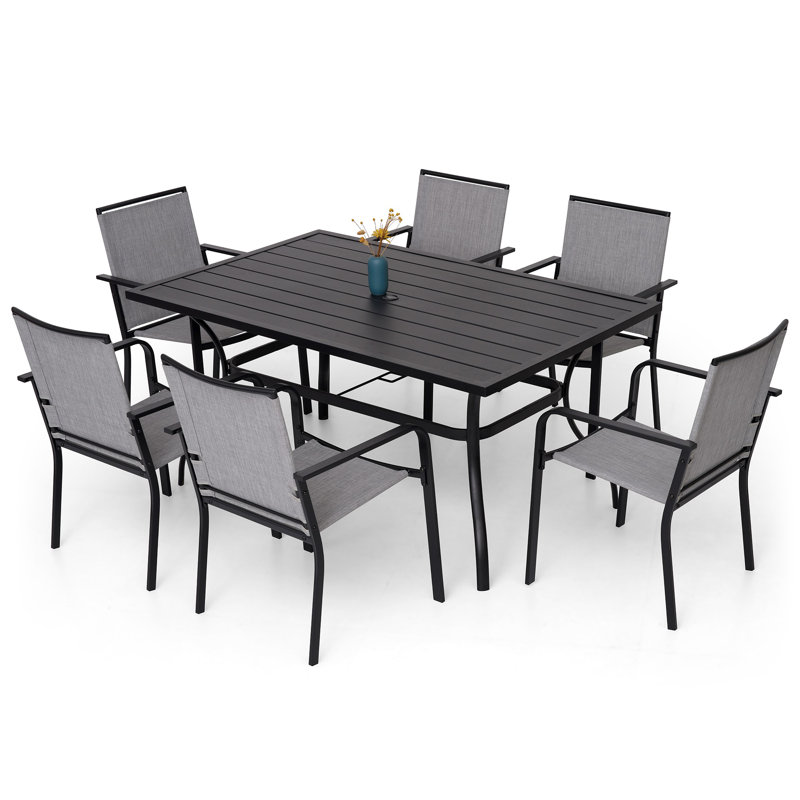 Table d'extérieur rectangulaire en acier pour 6 personnes avec chaises empilables, Gris