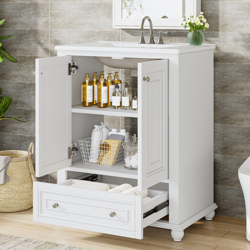 24" Modern Freestanding Solid Wood Bathroom Vanity, Sink Included, White, 24"
