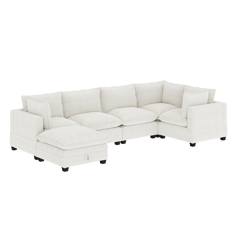 Somerdale Modern Upholstered Cloud Sectional With Ottoman, 39.4" H x 145.8" W x 76.4" D, Pearl White Corduroy
