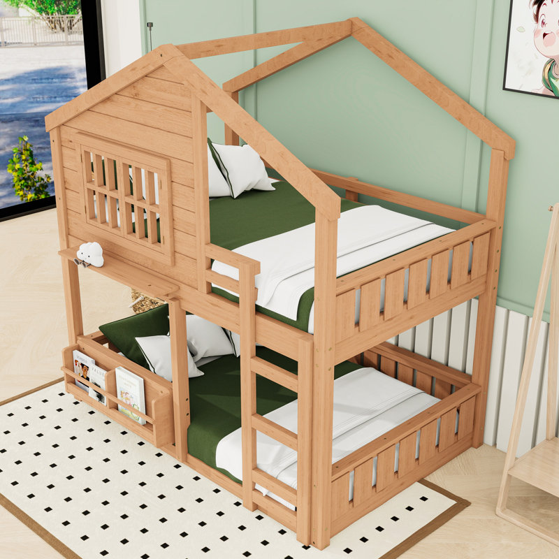 Lit superposé en bois avec toit de style maison, Lit superposé double sur double
