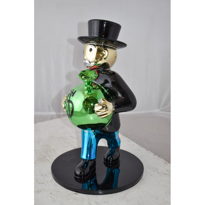 Statue vibrante de monopole tenant un sac d'argent en résine, petit format: 10 po x 10 po x H 16 po