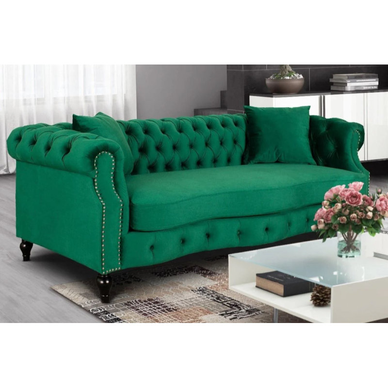 Mitchellville 3 Seater Velvet Scroll Arms Sofa, Green