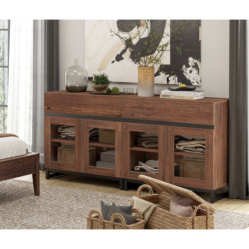 2-In-1 Dresser With 4 Glass Doors And 2 Drawers - Modern Storage Cabinet For Living Room Or Bedroom, Brown