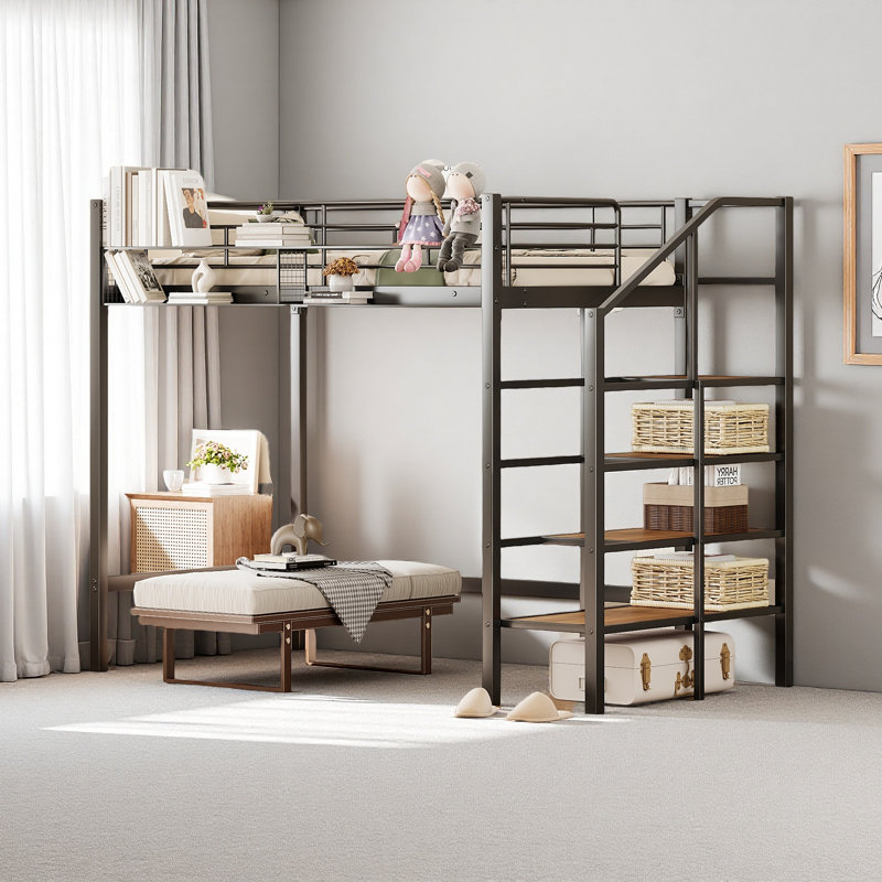 Metal Loft Bed With Upper Grid Storage Shelf And Lateral Storage Ladder, Black