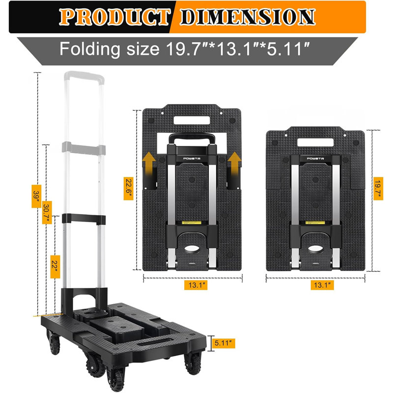 Folding Hand Truck With 7 Wheels, 330 Lb Capacity, Foldable Dolly With Retractable Base