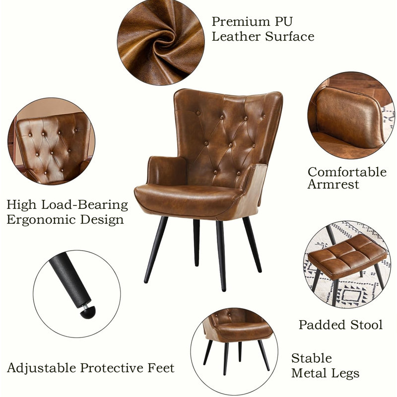 Mid-Century Modern Tufted Wingback Accent Chair with Ottoman, PU Leather Upholstered Armchair & Stool Set for Living Room, Bedroom