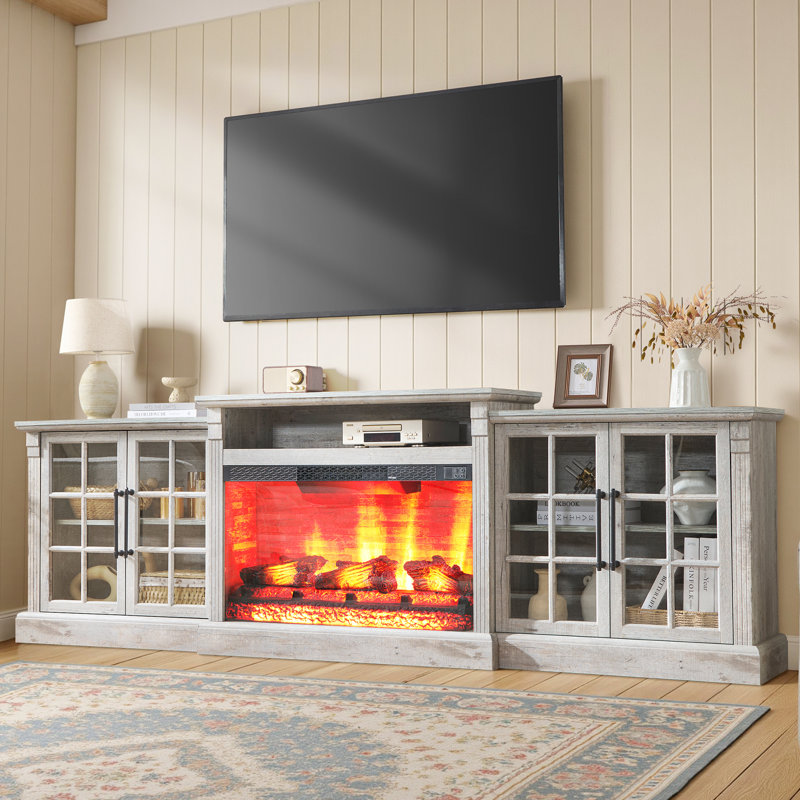 97"W Farmhouse Fireplace TV Stand for TVs up to 88" with Ample Storage Space and Adjustable Shelves,Light Gray, Light Gray