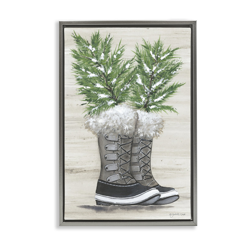 Toile flottante encadrée "Winter Sprig in bottes" par Julie Norkus, Cadre flottant gris lustré, H 31 po x l 21 po
