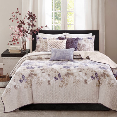 6 Piece Reversible Quilt Set With Watercolor Floral Print And Decorative Pillows, King/Cal King