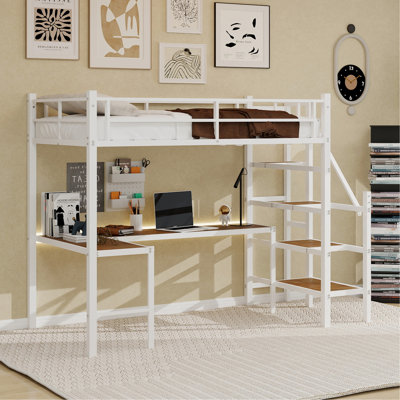 Lit mezzanine avec bureau en forme de L, grand espace de rangement et compartiments de rangement, structure de lit robuste avec escalier, garde-corps continu, peu encombrant, silencieux, sans ressorts éléphants requis