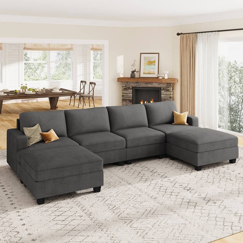 Canapé modulaire en U avec rangement Anureet, Velours côtelé gris, H 35 po x l 120,6 po x P 60,7 po