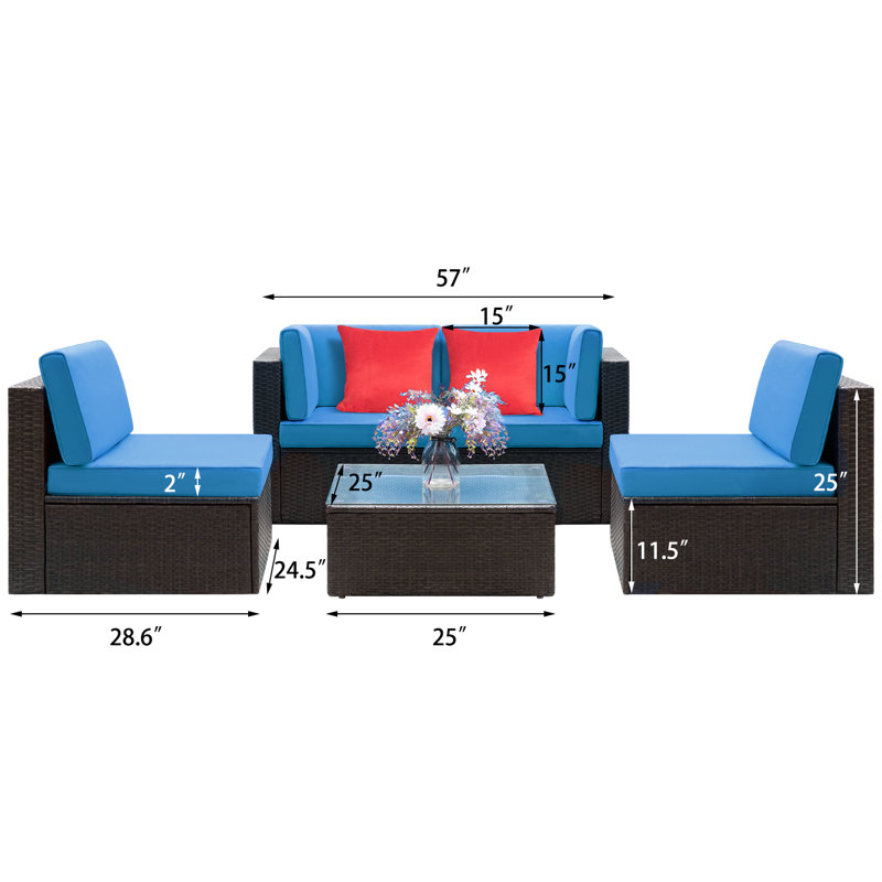 Ensemble de conversation modulaire en rotin 5 pièces avec coussins Ellison, Bleu