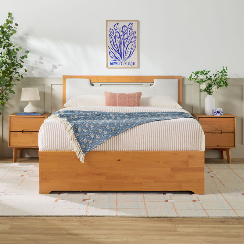 Mid Century Modern Solid Wood Queen Storage Bed With 2 Drawers, Caramel