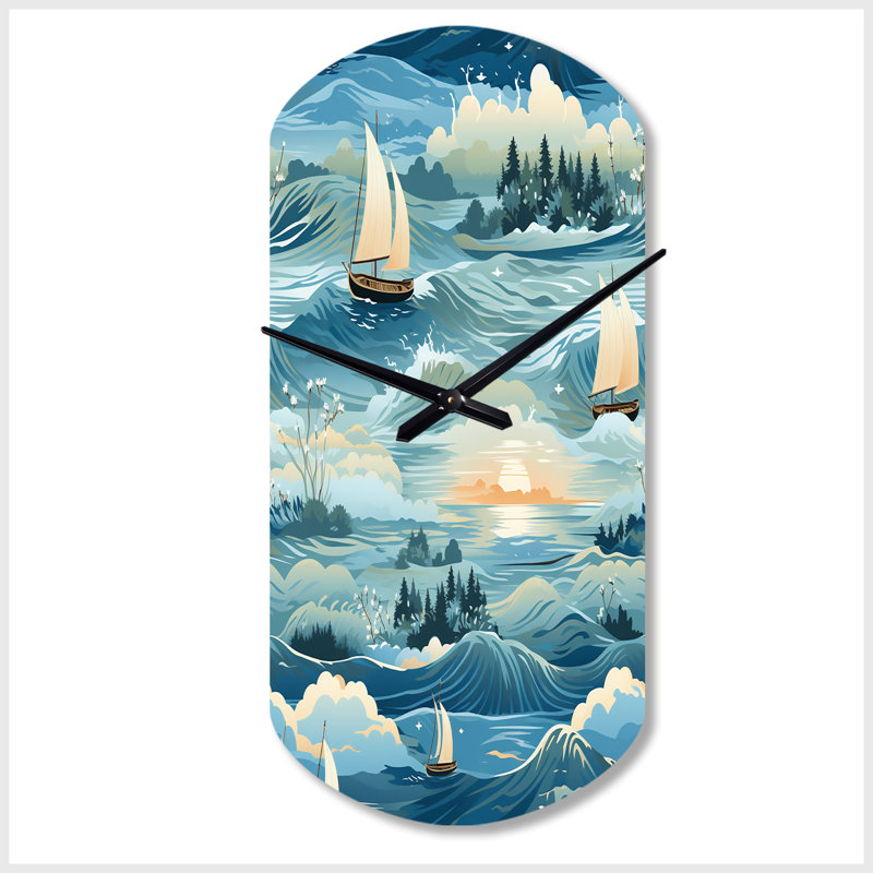 Coastal Tranquility Seaside Landscape - Horloge murale cylindrique en métal, horloge murale asymétrique bleue, Petit