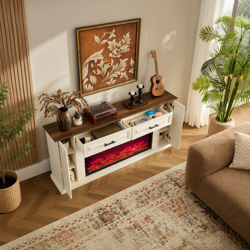 Meuble télé avec foyer électrique de style champêtre, manteau de foyer et tiroirs de rangement
