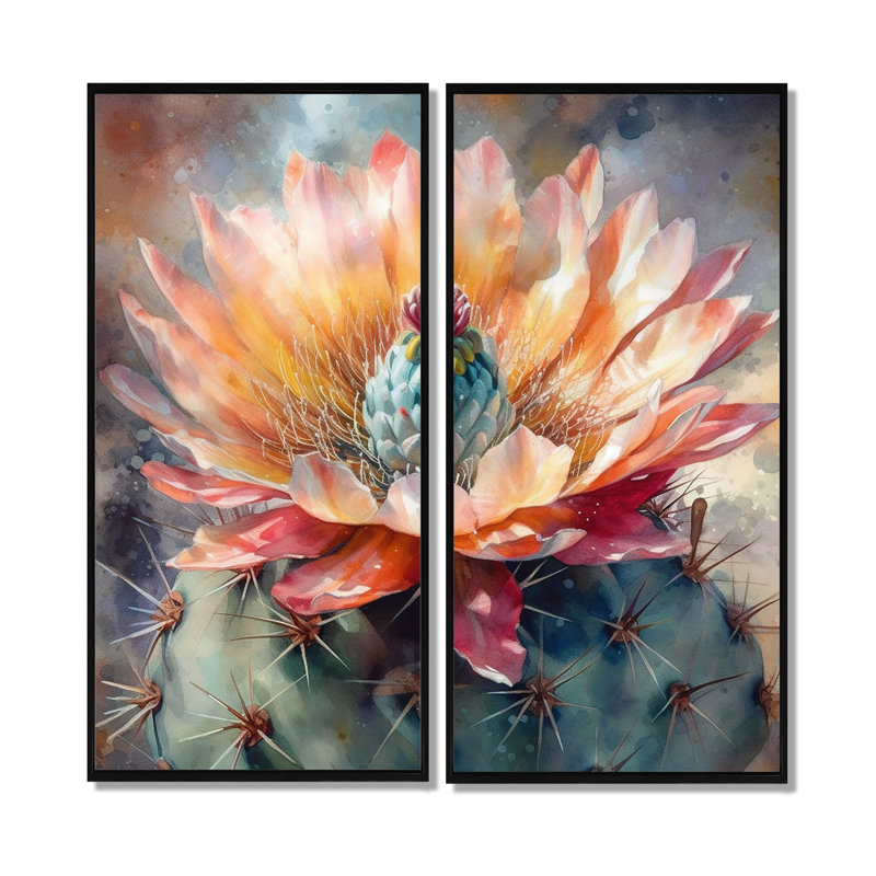 Tashay - Cactus floraux, impressions sur toile, H 20 po x l 24 po, Reproduction avec cadre flottant, Noir
