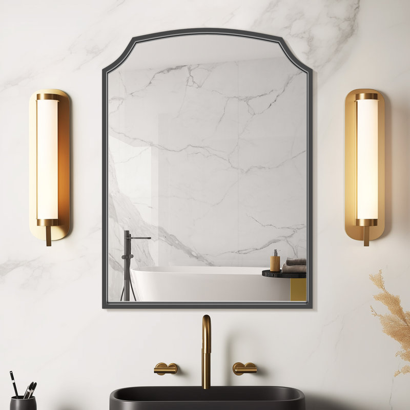 Iron Framed Arched Wall Mirror for Bathroom & Bedroom, Black, 24" x 18"