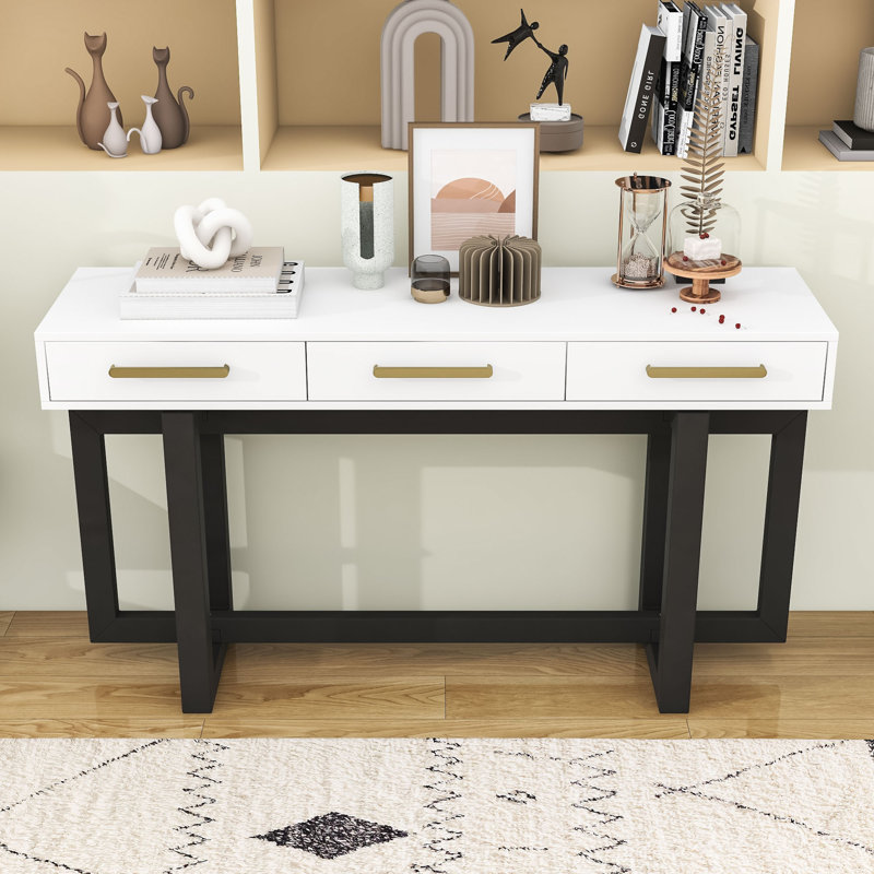 Console en bois avec trois tiroirs, Gris blanc