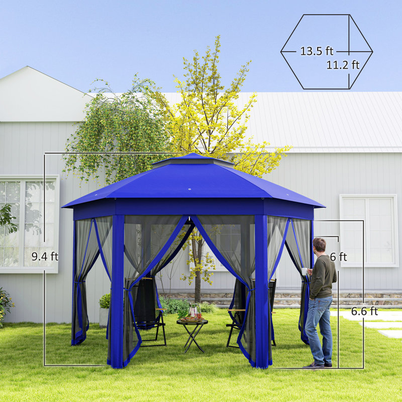 Dark Blue Steel Frame Hexagonal Pop-Up Gazebo with Mesh Netting