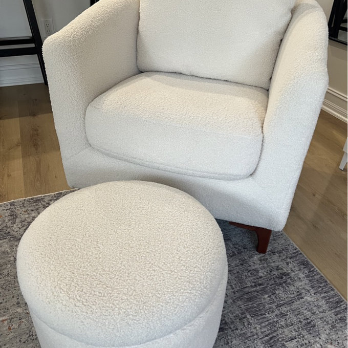29.5" Wide Upholstered Barrel Accent Armchair With Storage Ottoman and Pillow - White Lamb Fleece Polyester Blend