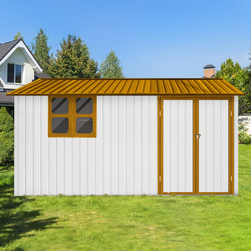 Durable Metal Garden Sheds 12ftx10ft with Integrated Vents and Hinged Door for Secure Outdoor Storage, Brown/White
