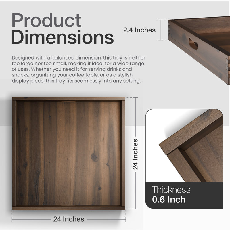 Solid Wood Square Decorative Tray With Handles - Serving Tray Ottoman Tray, Walnut, 24"W x 24"D x 2.4"H