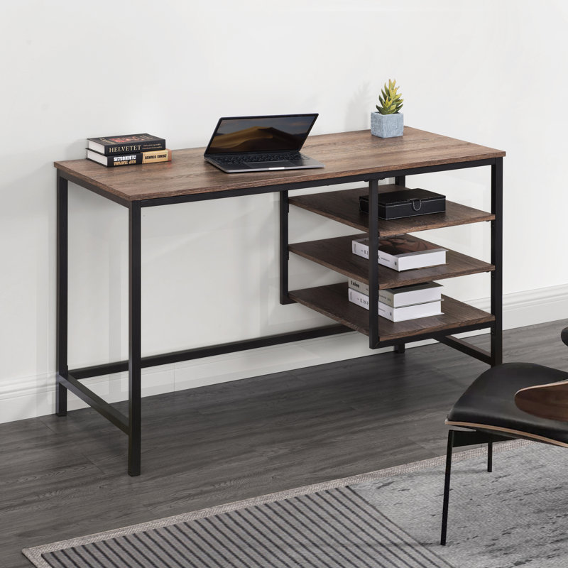 Sunjoy 47" Modern Computer Bekka Desk, Industrial Design Workstation with Wood Table Top, Black Steel Frame and Shelves for Home Office, Brown