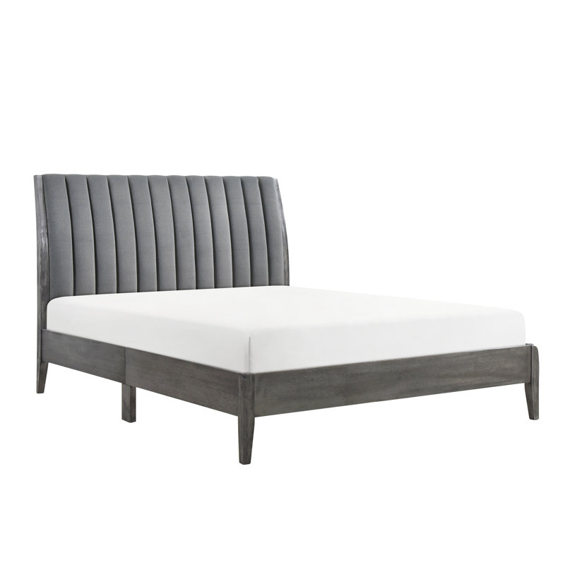 Lit plateforme tapissier grand en velours gris, pieds en bois massif, chambre à coucher, aucun sommier tapissier requis, tissu d'ameublement en tissu de chambre à coucher de style moderne, gris
