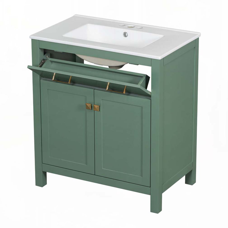 Meuble-lavabo de salle de bain avec lavabo en céramique, 2 portes et une tablette, Vert, Doré
