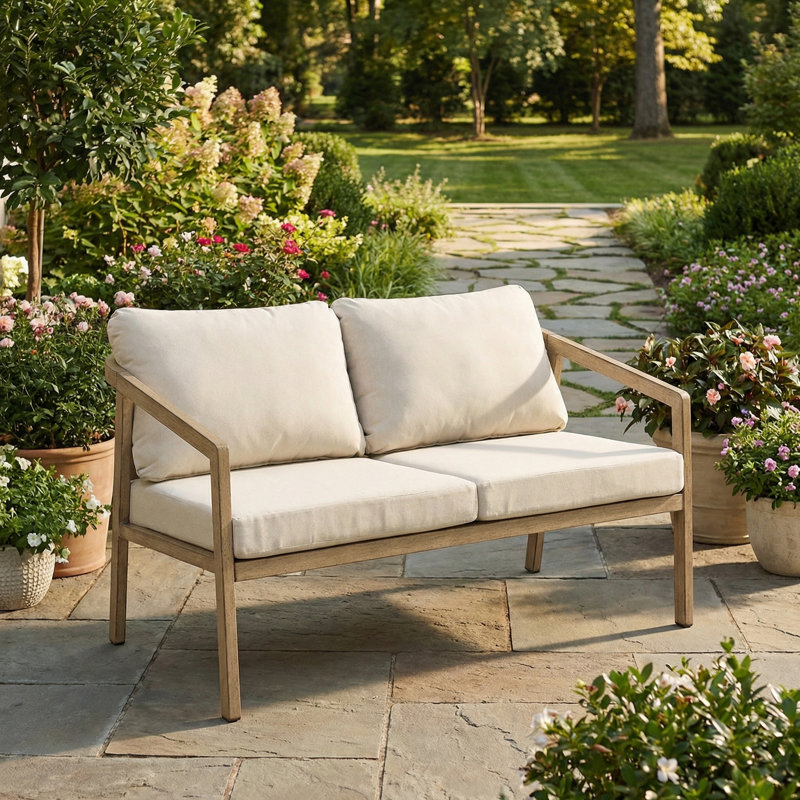 Causeuse d'extérieur en teck avec coussins, Beige, Teck