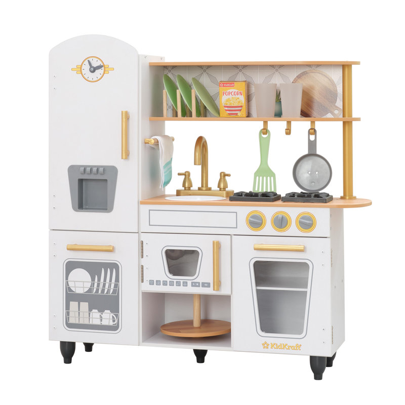 Cuisine de jeu rétro en bois blanc avec machine à glaçons et téléphone de jeu