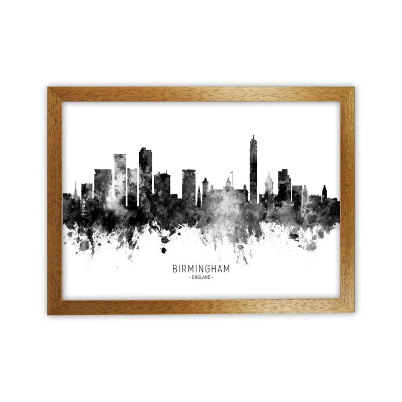 Birmingham England Skyline Black White City Name by Michael Tompsett - Print, 46cm H x 63cm W x 3cm D, Brown Framed