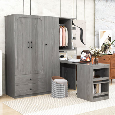Convertible Wardrobe with Foldable Desk, Wooden Storage Armoires with Shelves, Drawers and Hanging Rod