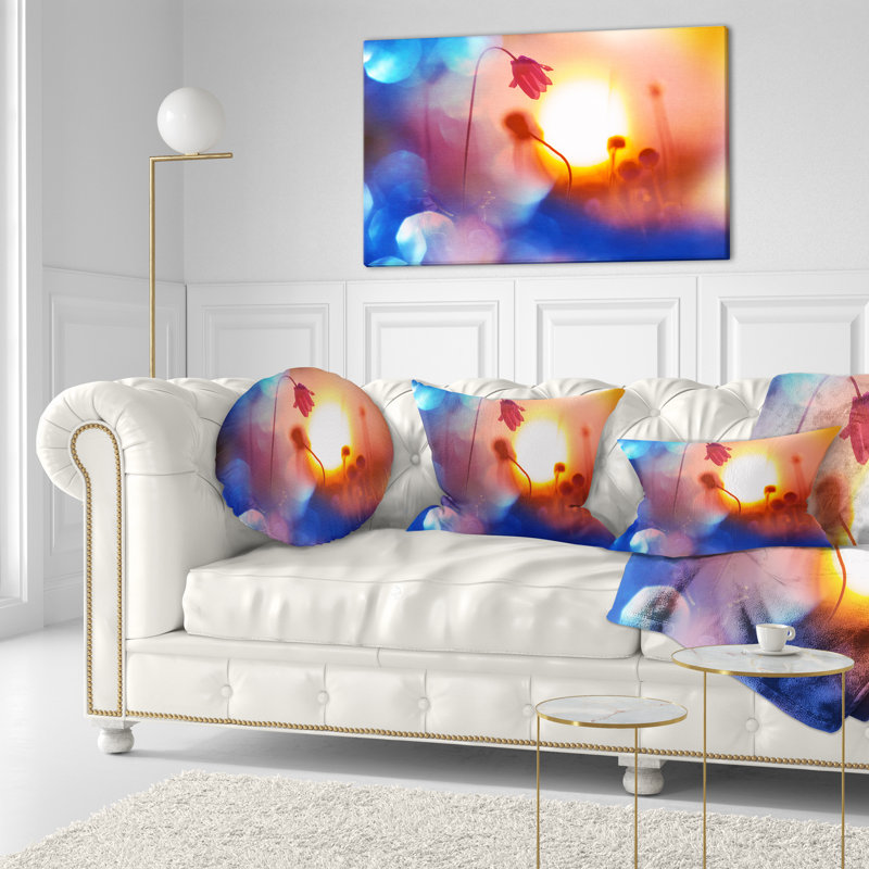 Belles fleurs floues au coucher du soleil - coussin à imprimé floral, 16 po x 1 po, Coussin décoratif