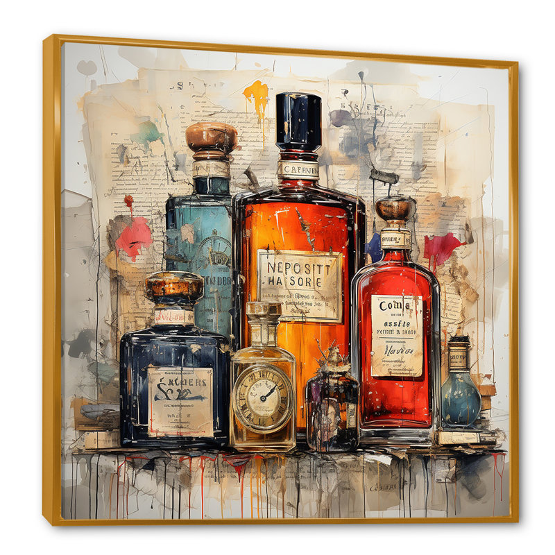 Parfum rétro parfumée 2 - Parfums, art mural, H 30 po x l 30 po x P 1,5 po, Cadre flottant doré