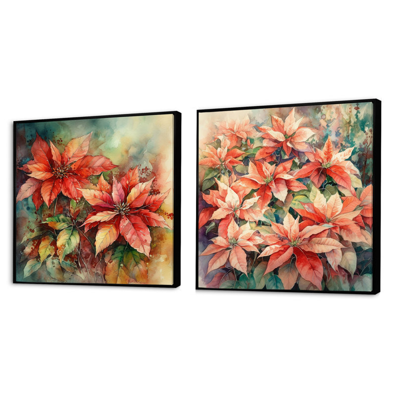Poinsettias rouges en fleurs - ensemble de 2 collages floraux carrés, Cadre flottant noir, H 36 po x l 73 po