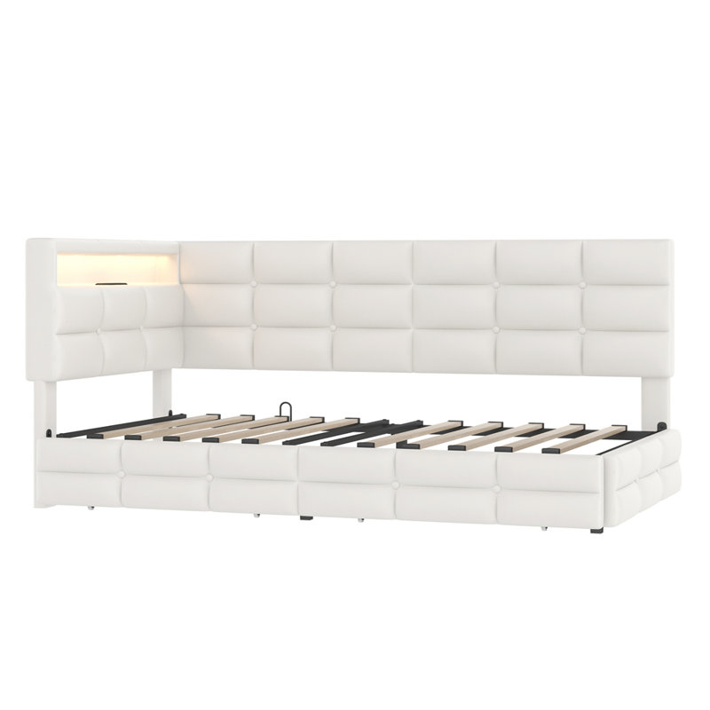 Upholstered Twin Size Daybed with Storage 2 Drawers and Charging Station, Day Bed Frame with LED Lights and Storage Headboard, No Box-Spring Needed