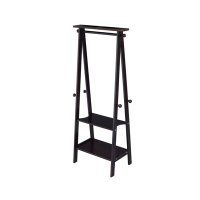 59" Tall Wooden Garment Rack In Dark Hue, 75 Lbs Capacity, 3 Shelves, Assembly Required Wood Hanging Pole ,