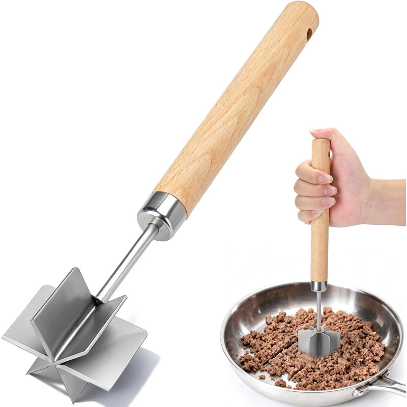 Stainless Steel Meat Chopper, 6 Curved Blades, 11 Inch Ground Beef Masher & Hamburger Smasher, Multi-Purpose Kitchen Tool