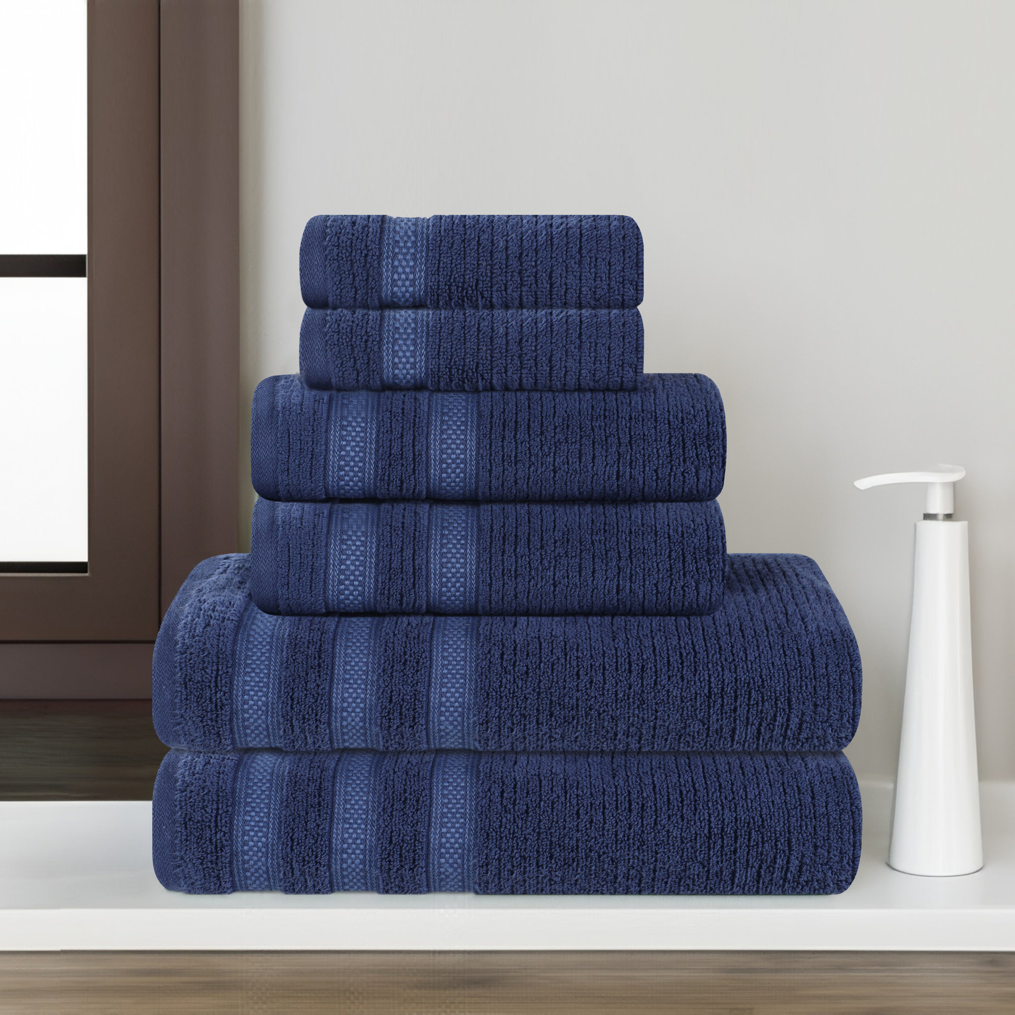 Ilseruth Zero Twist Cotton Ribbed Modern Geometric Border Soft 6 Piece Bathroom Towel Set, Navy Blue