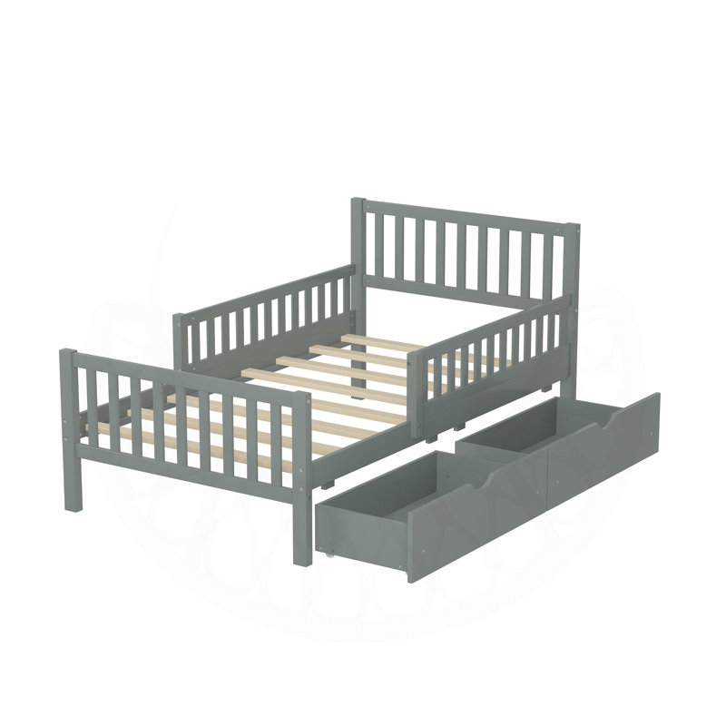 Plateforme en bois robuste Milsap avec garde-corps et tiroirs de rangement pour un sommeil confortable, Simple, gris