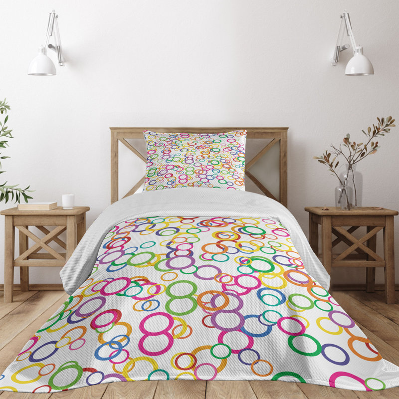 King Size White Quilted Bedspread Set with Colorful Circles