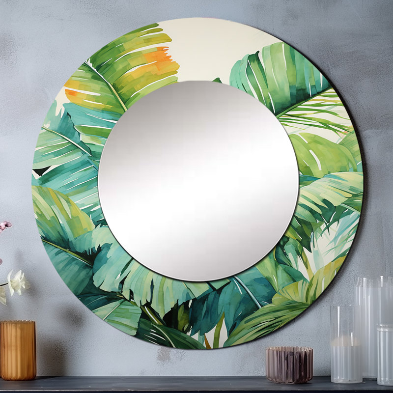 Collage de palmier aquarelle tropcial - décor de miroir mural unique tropical côtier, grand miroir rond côtier, impression d'art en métal