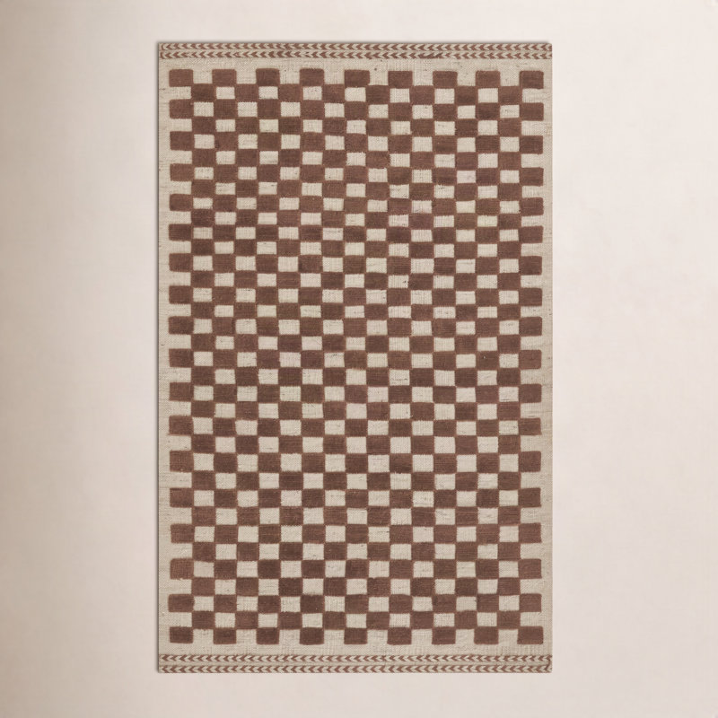 Tapis géométrique en laine tissé à plat à la main Azle en brun / beige, Rectangle de 5 pi x 8 pi