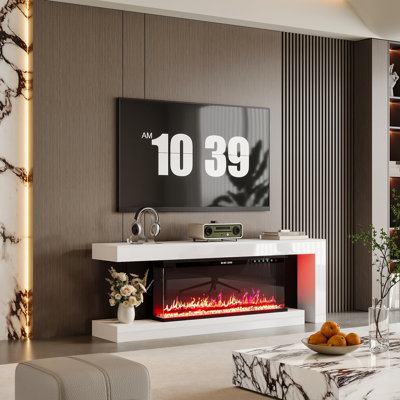 Meuble télé moderne avec foyer de 67 po avec 12 couleurs de flamme, contrôle tactile, pierres de cristal et ensemble de bûches - chauffage 1500 W, finition ultrabrillante, sans télécommande