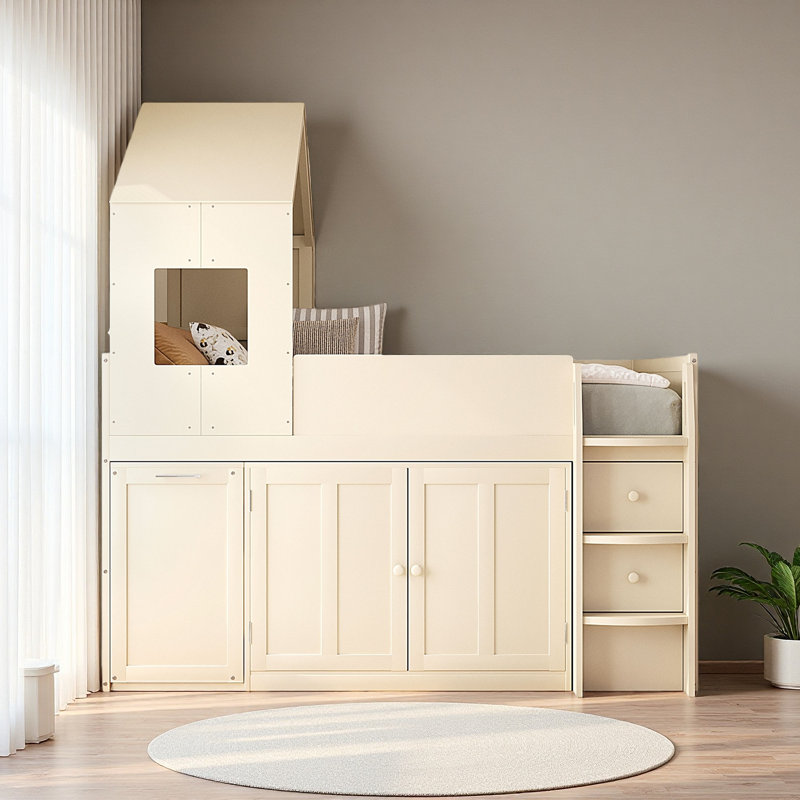 Lit mezzanine simple en bois avec bureau, tiroirs, armoires, Beige
