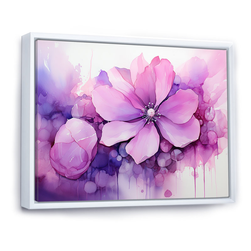 Encre botanique florale rose et mauve - art mural botanique, Cadre flottant blanc, H 34 po x l 44 po x P 1,5 po