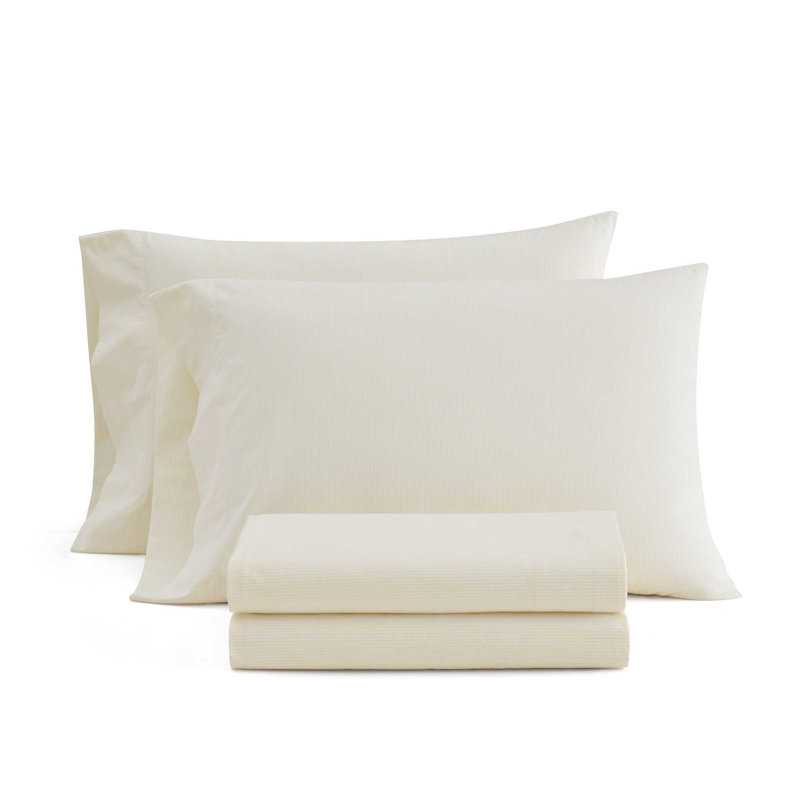 Martha Stewart Cotton Percale  Sheet Set, Queen Sheet Set with 2 Pillowcases, Yellow Stripe