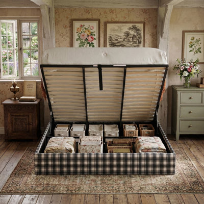 King Size Modern Farmhouse Lift Up Storage Bed, White/Blue Plaid Upholstered Headboard, No Box Spring Needed